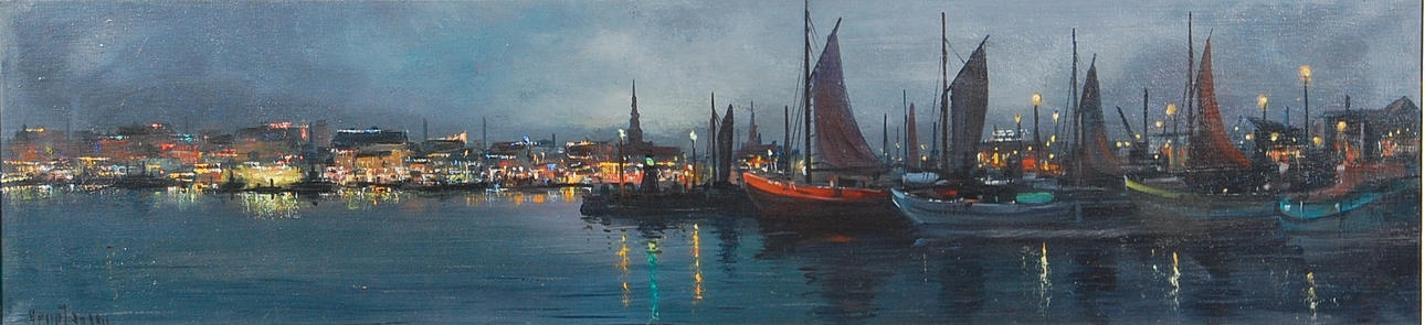 ARUP JENSEN. 1906-1956, olja på duk, " Skyline Köpenhamn " signerad.