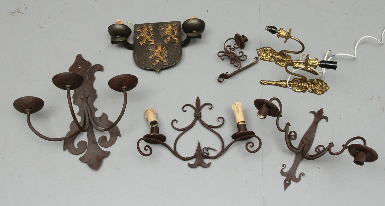 LAMPETTER, 6 st, bla. smide och mässing, 1900-tal.