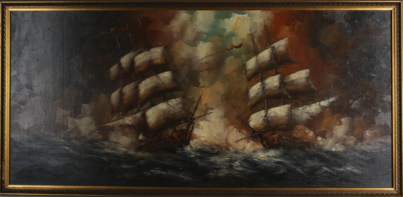 OIDENTIFIERAD KONSTNÄR. Krigsfartyg, olja på pannå, signerad, 1900-talets slut.