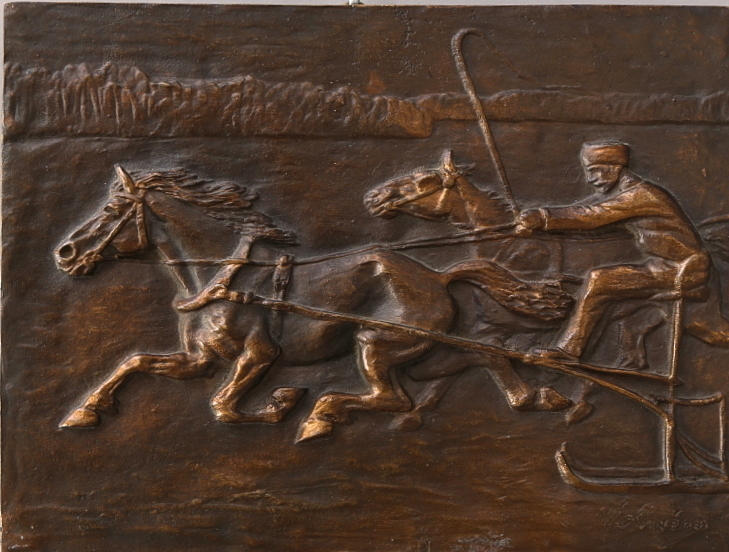 MÄRTA AMÉEN. VÄGGRELIEF, brons, slädtur, signerad.