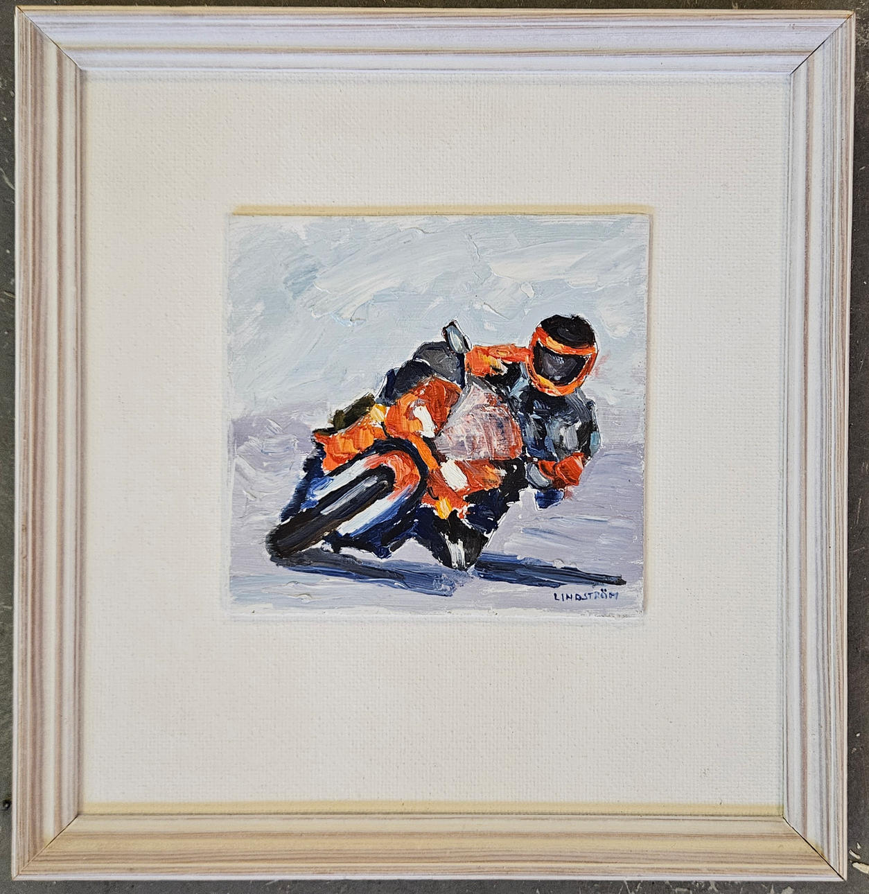 LENNART LINDSTRÖM. “Motorcycle”. Oil on panel. Signed.