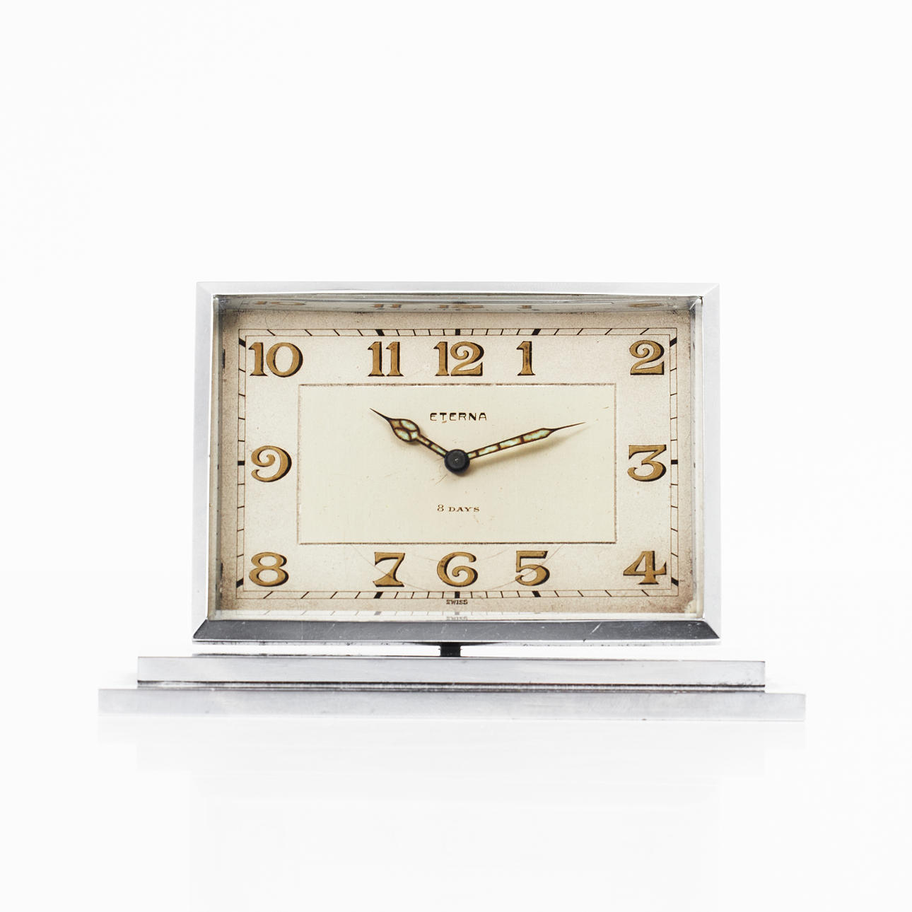 ETERNA, reloj de mesa, Art Deco, metal cromado.