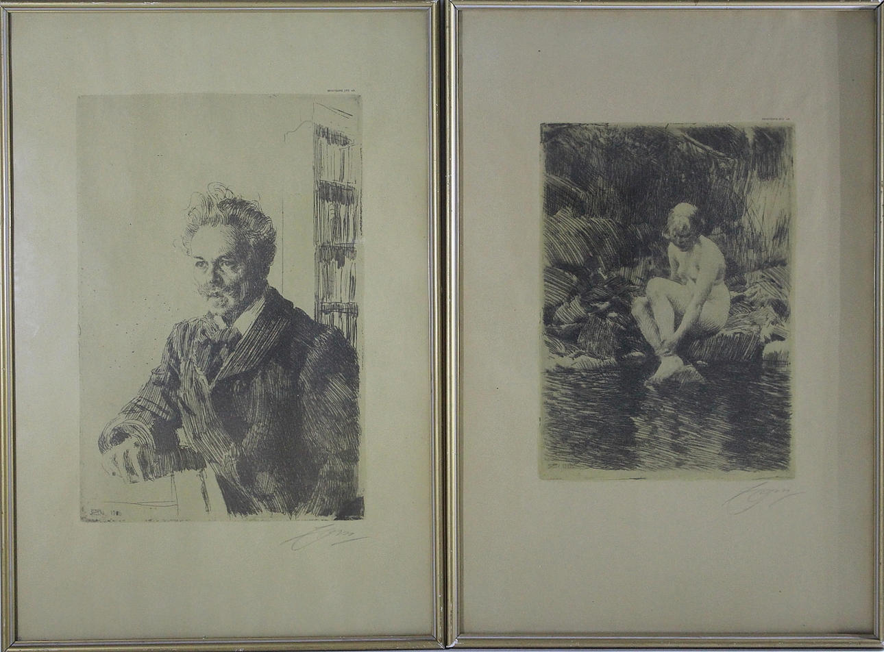 ANDERS ZORN. litografi, 2 st, Dagmar och Strindberg.