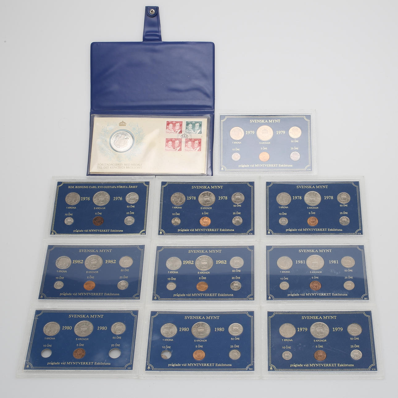 SVENSKA MYNT, 10 årssatser, samt FÖRSTADAGSBREV, Kungliga bröllopet 1976.