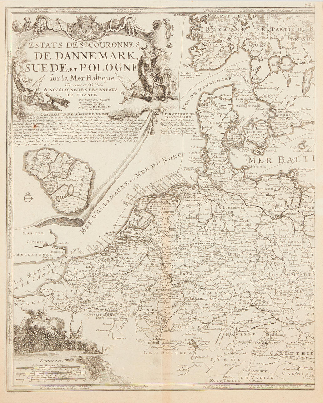 KARTA DANMARK, TYSKLAND AV DE FER, ca 1705.