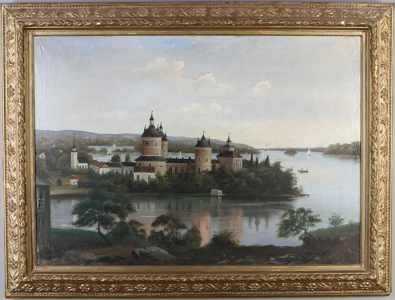 CARL LEVEAU. Slottsmotiv, troligen Gripsholms slott, olja på duk, monogramsignerad.