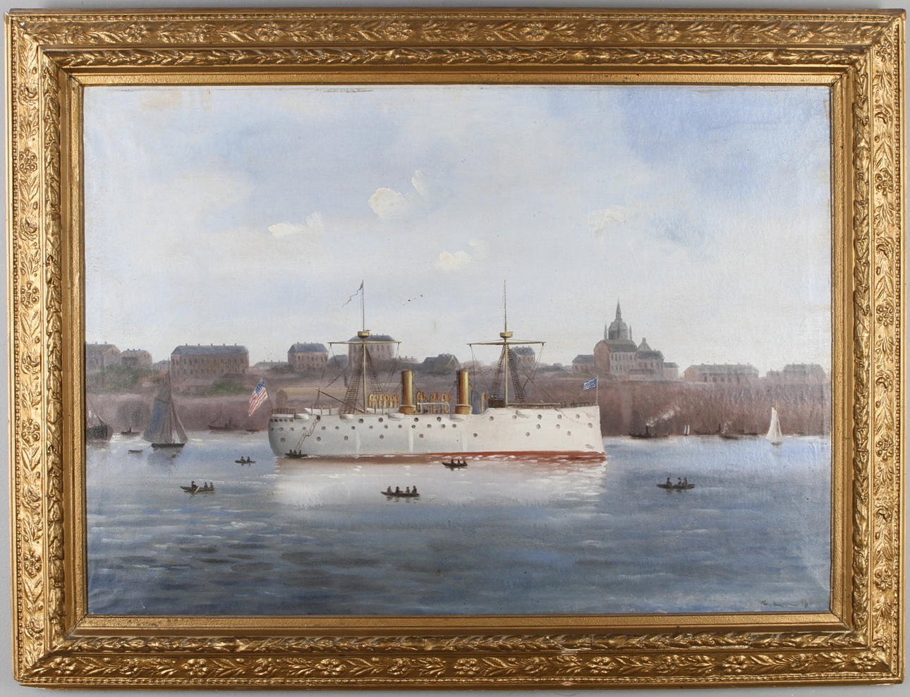 OIDENTIFIERAD KONSTNÄR. Kustmotiv med amerikanskt fartyg, otydlig signatur.