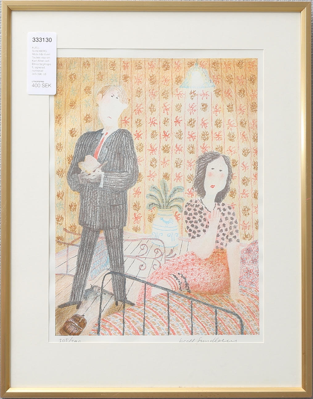 KJELL SUNDBERG. Motiv från Evert Taubes visa om Karl-Alfren och Ellinor,färglitografi, signerad, numrerad 305/390.