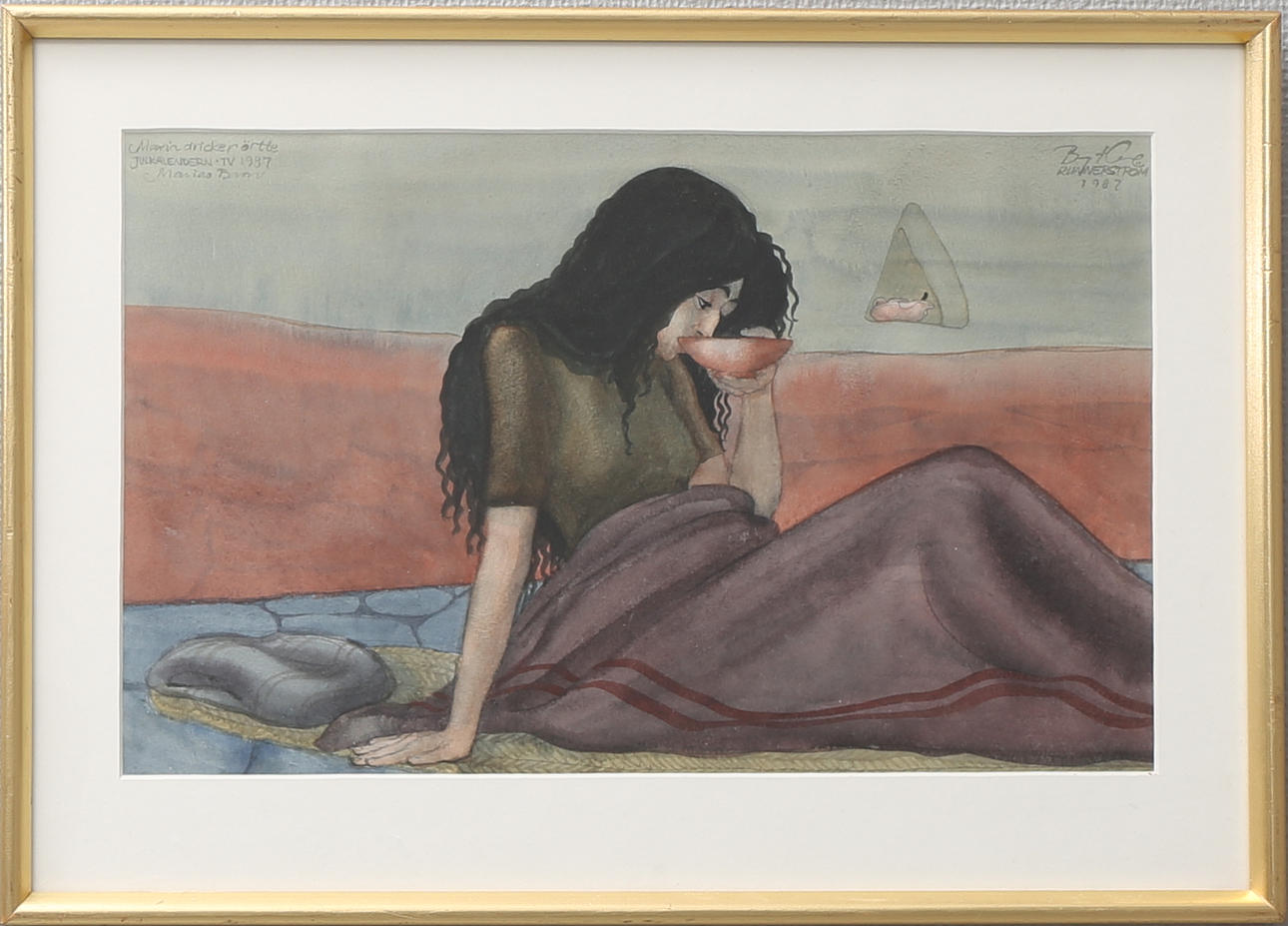 OIDENTIFIERAD KONSTNÄR. "Maria dricker örtte, Julkalendern 1987", akvarell, signerad Runnerström.