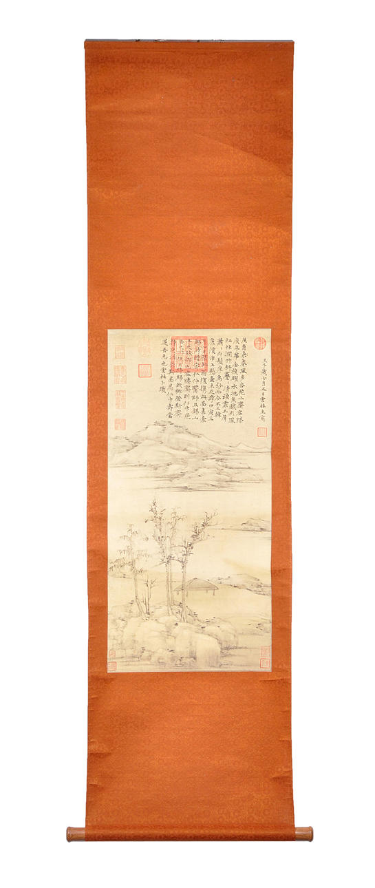 ROLLBILD, CHINA. 1950-tal, ark med landskap & tecken texturerat papper rödbrunt.