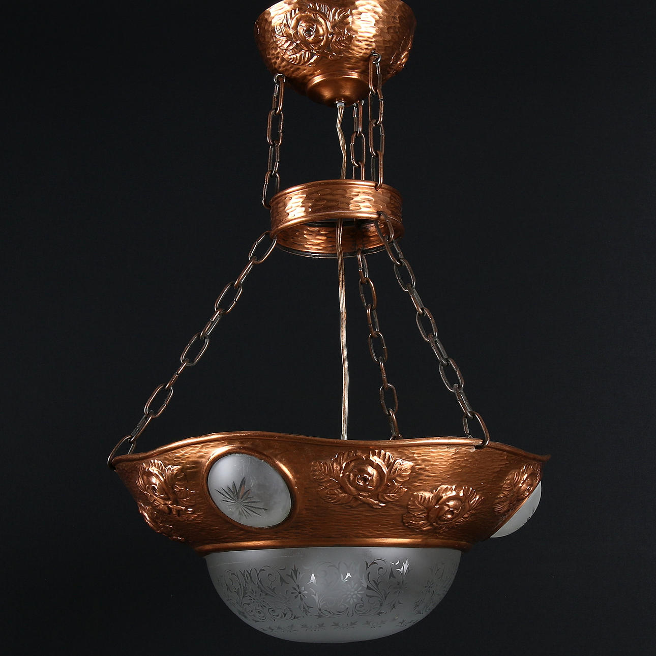 TAKLAMPA, glas och koppar, jugend. 1910-tal.