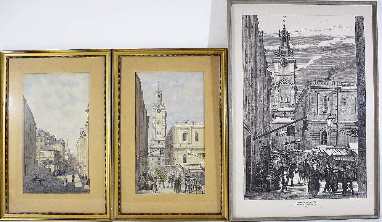 OIDENTIFIERAD KONSTNÄR. 2 st akvareller, 1 st tygtryck, Stortorget Stockholm, ej signerade.