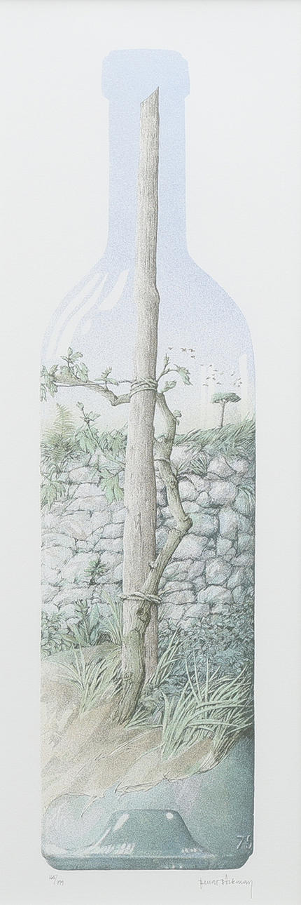 BENGT BÖCKMAN. KOMPOSITION MED TRÄD OCH FLASKA.