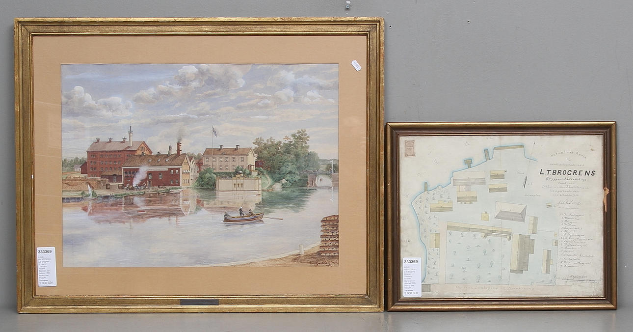 ARVID HJORTZBERG. L.T. Brogrens Bryggeri, Linköping. Akvarell. Signerad och daterad 1890. Ritning över bryggeri medföljer.