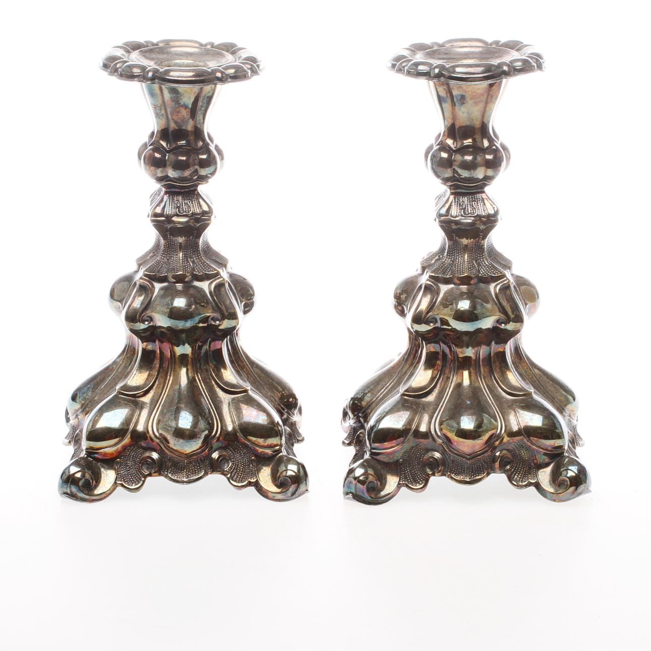 LJUSSTAKAR, 1 par, nysilver, rokokostil, 1900-tal.