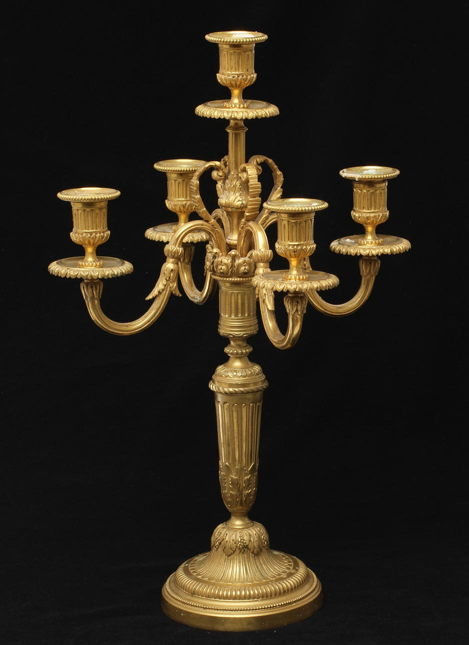 KANDELABER, för 5 ljus, förgylld, Louis XVI-stil, 1800-talets slut.