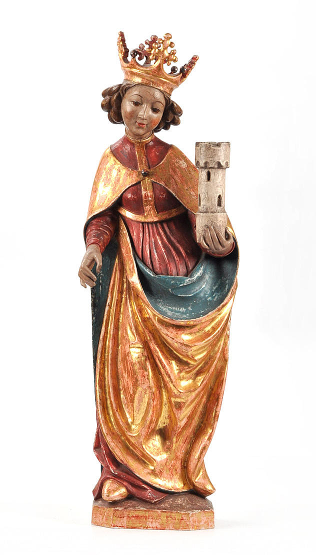 HEILIGENFIGUR, POLYCHROM GEFASST. Saint Barbara av Nicodemia.