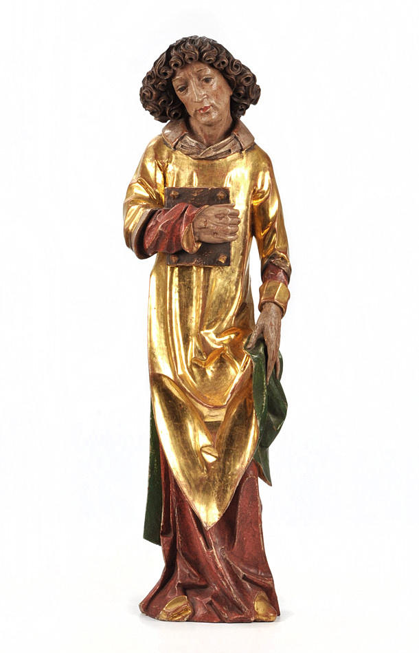 HEILIGENFIGUR, POLYCHROM GEFASST. saint Jacob med bok.