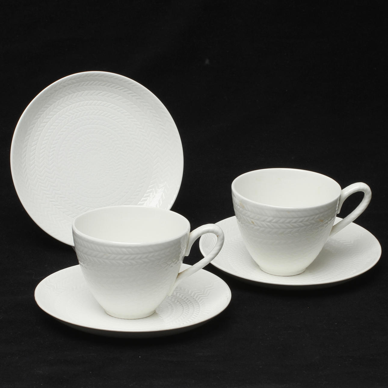 TEKOPPAR, med fat, 8 st, porslin, "Blå Eld", Hertha Bengtsson, Rörstrand.