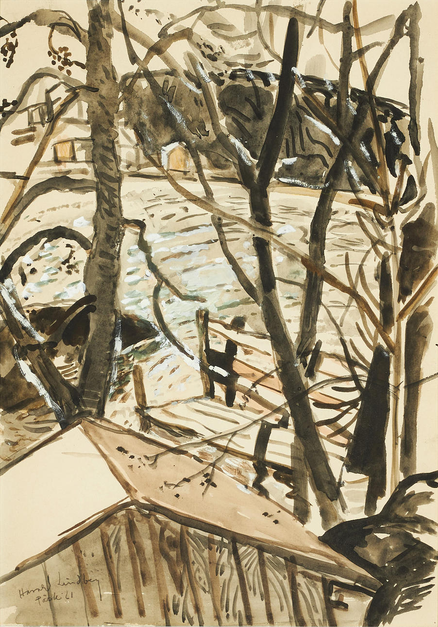 HARALD  LINDBERG. Waterfront view, signed and dated Easter -61, mixed media on paper.