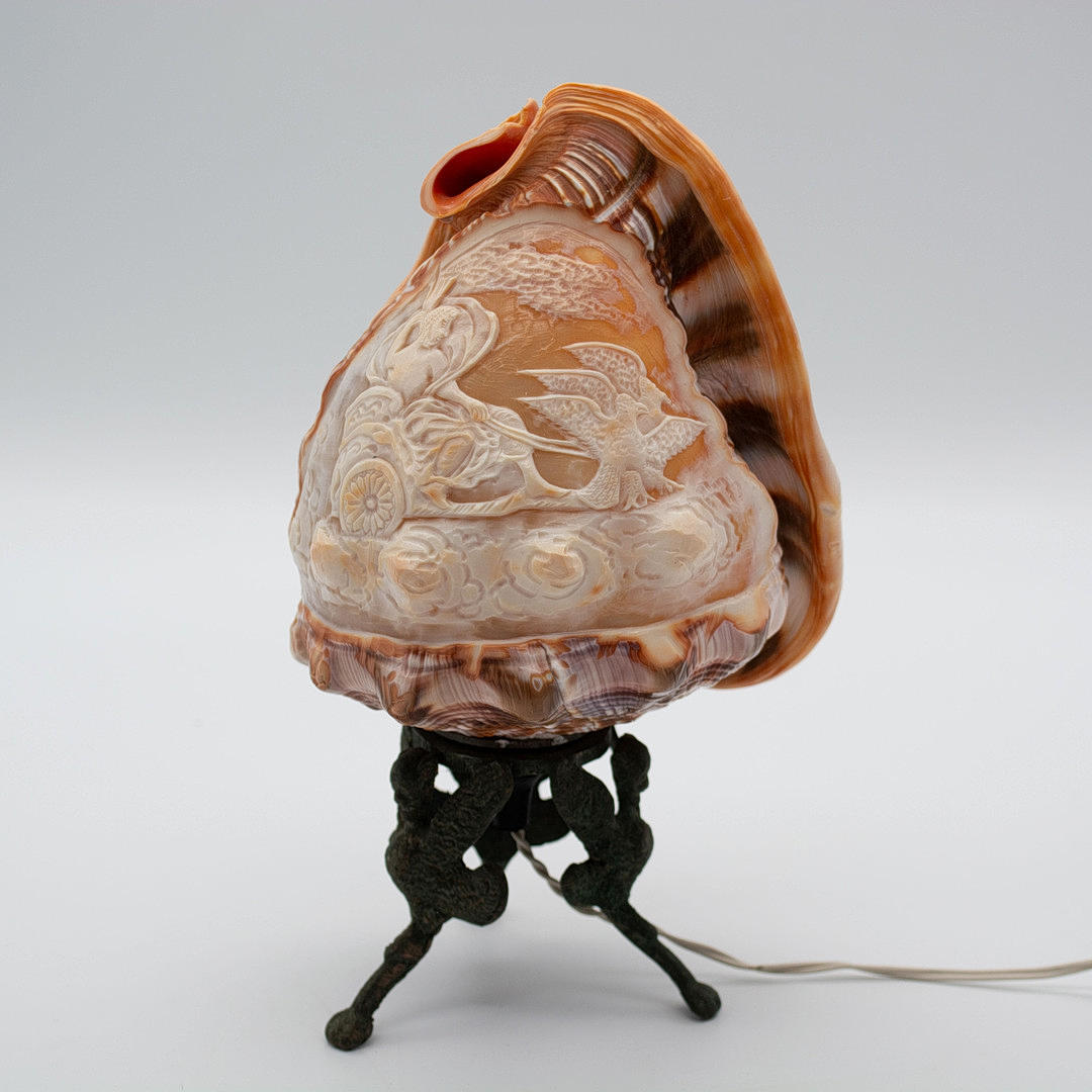 LARGE CAMEO SHELL, TABLE LAMP, BRONZE FOOT, AROUND 1920.