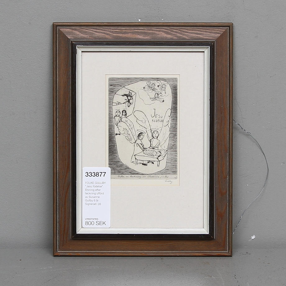 FOLKE GULLBY. "Jesu födelse". Etsning efter teckning utförd av Susanne Gullby 6 år. Signerad.