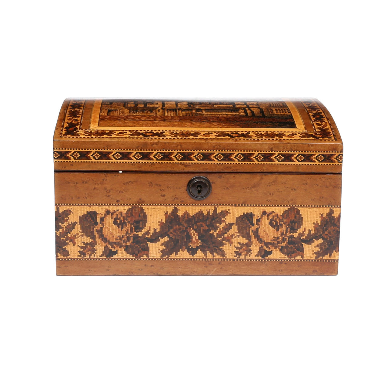A VICTORIAN TUNBRIDGE WARE MAPLE BOX.