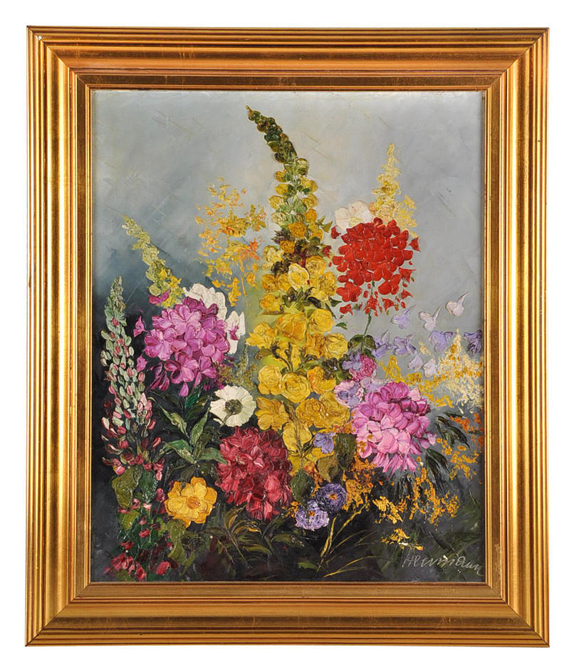 SIGNIERT HERMANN. Stilleben. Pasty blommig målning av olika sommarblommor.