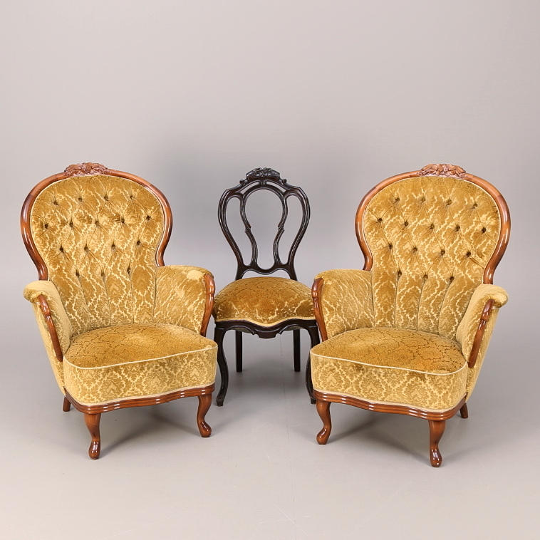 FÅTÖLJER ett par, nyrokokostil, 1900-tal + STOL, nyrokoko 1800-tal.