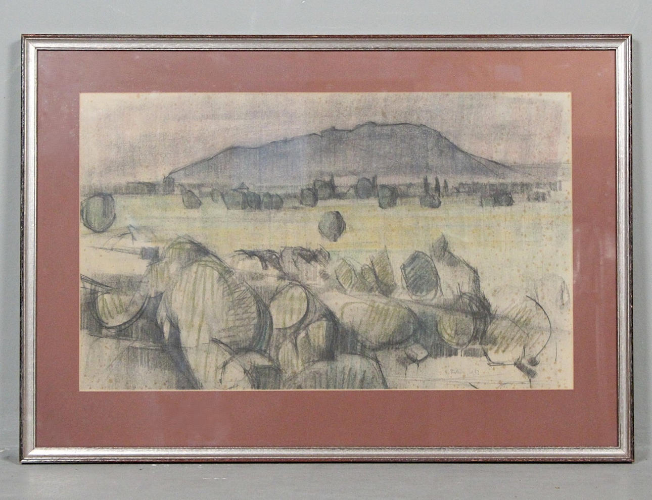 Unknown artist. 'Landscape', 1952, drawing, signed.