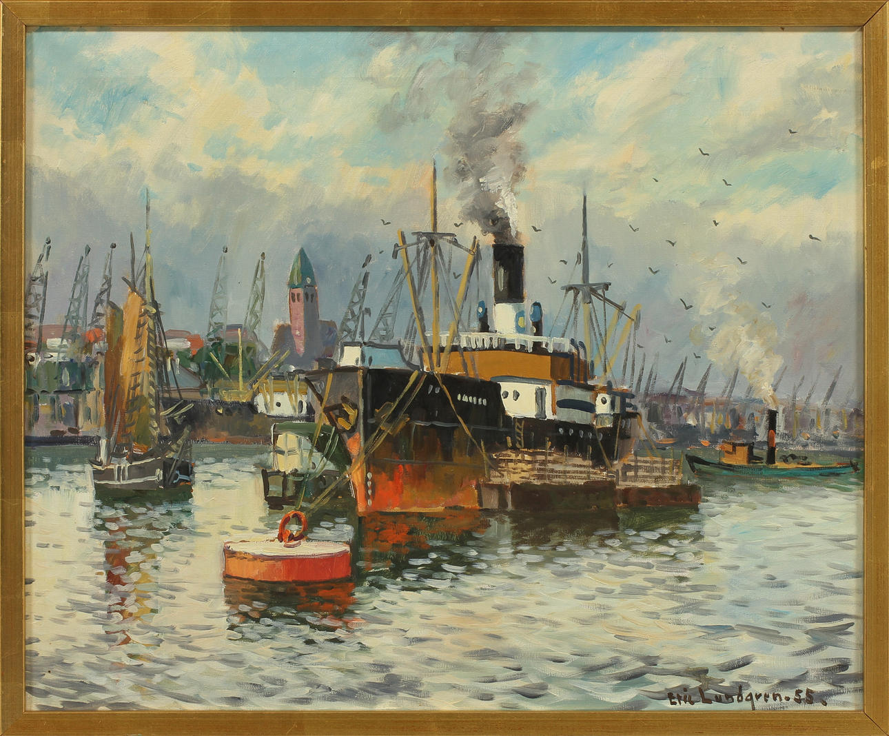 ERIC LUNDGREN. Göteborgs hamn, olja på duk, sign o dat 55.