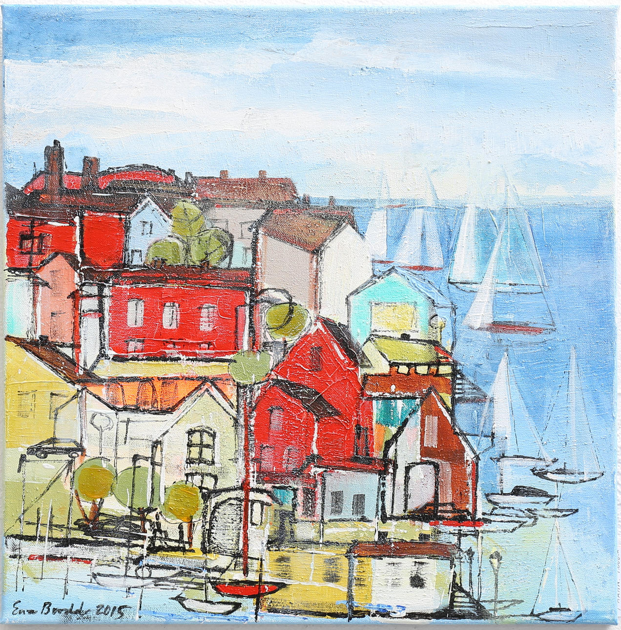 EWA BRODD. "I hamn". Akryl på duk, signerad och daterad 2015 - Välgörenhetsauktion.