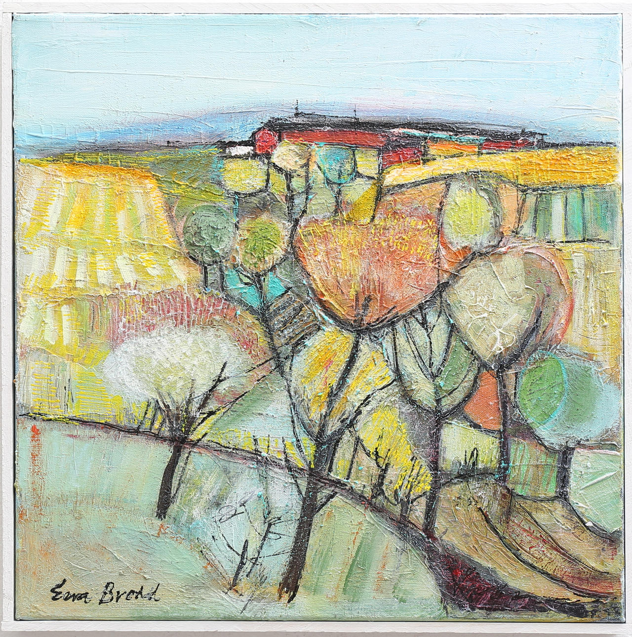 EWA BRODD. "Vägen hem (blommande rapsfält)". Akryl på duk, signerad och daterad 2014 - Välgörenhetsauktion.