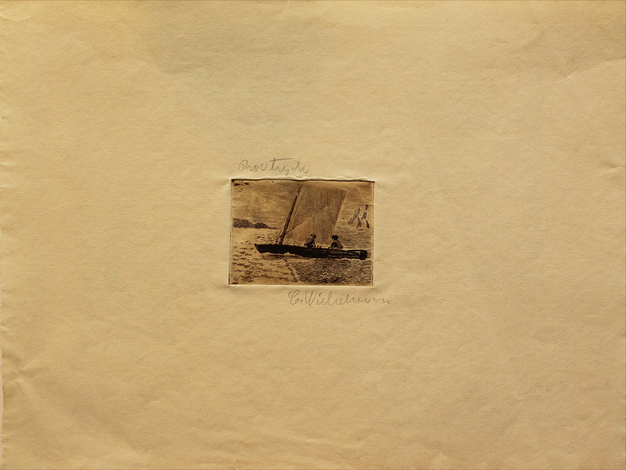 CARL WILHELSSON. Två män i segelbåt. Etsning. Signerad.