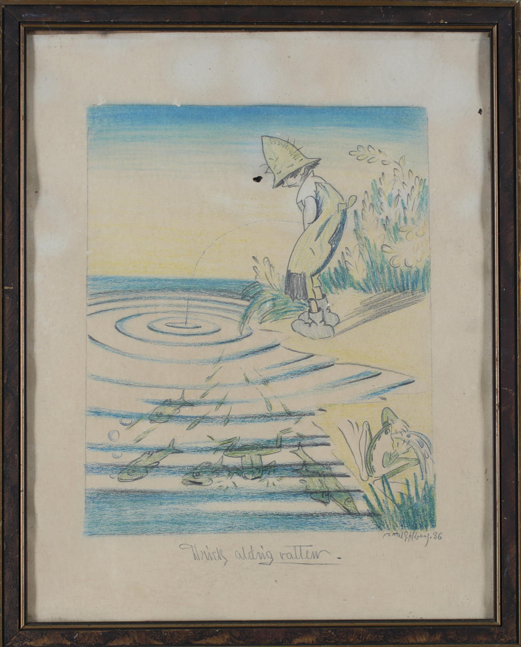 OIDENTIFIERAD KONSTNÄR. “Never drink water”, mixed media, signed and dated -36.