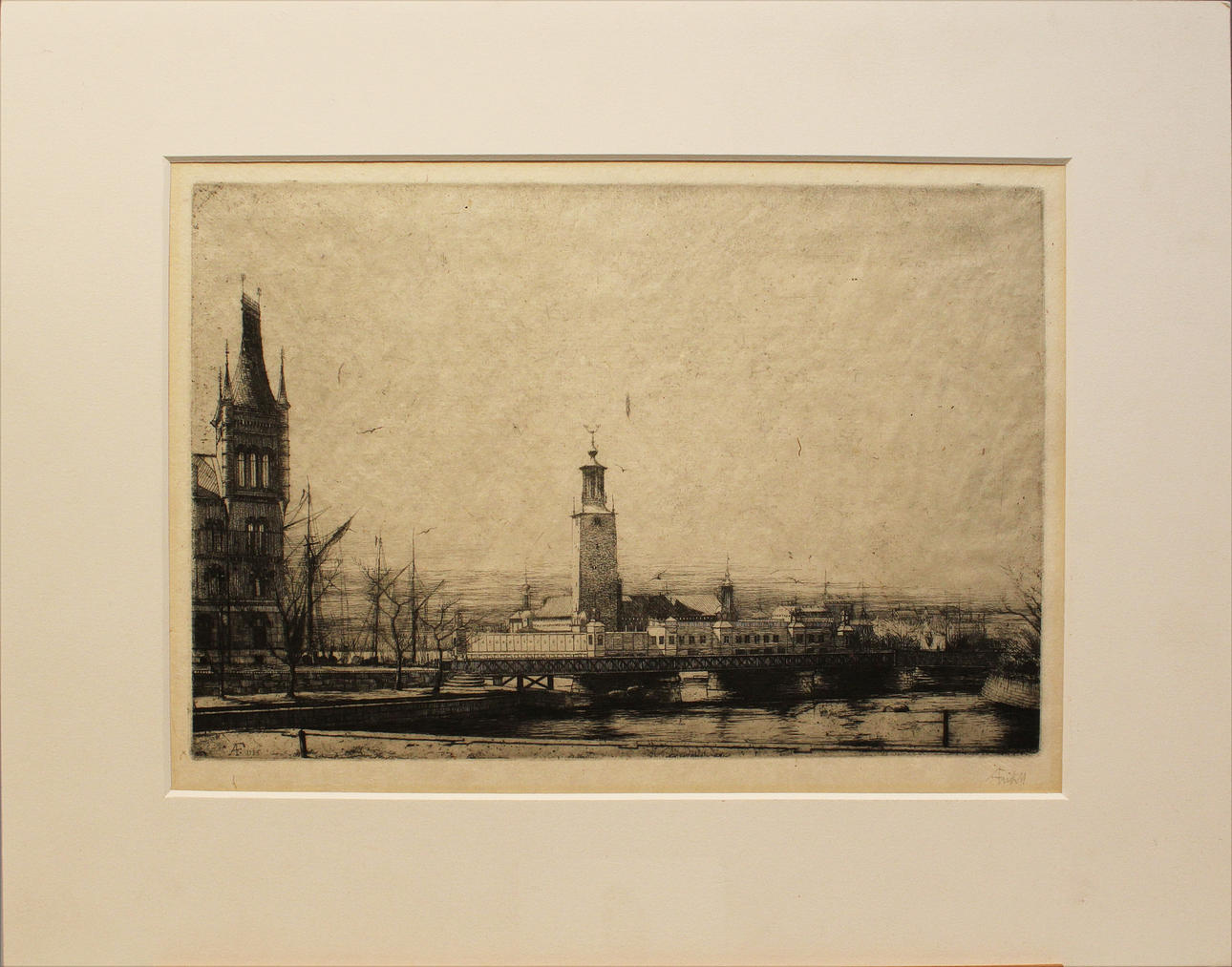 AXEL FRIDELL. Motiv från Stockholms stadshus. Etsning. Signerad.