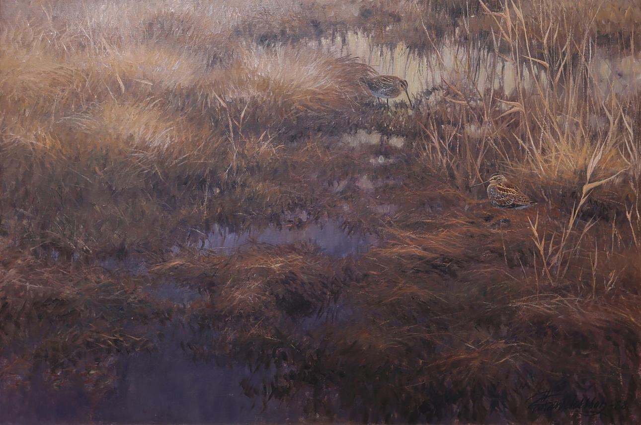 GÖRAN PETERSSON. Fåglar i vassen, olja på duk.