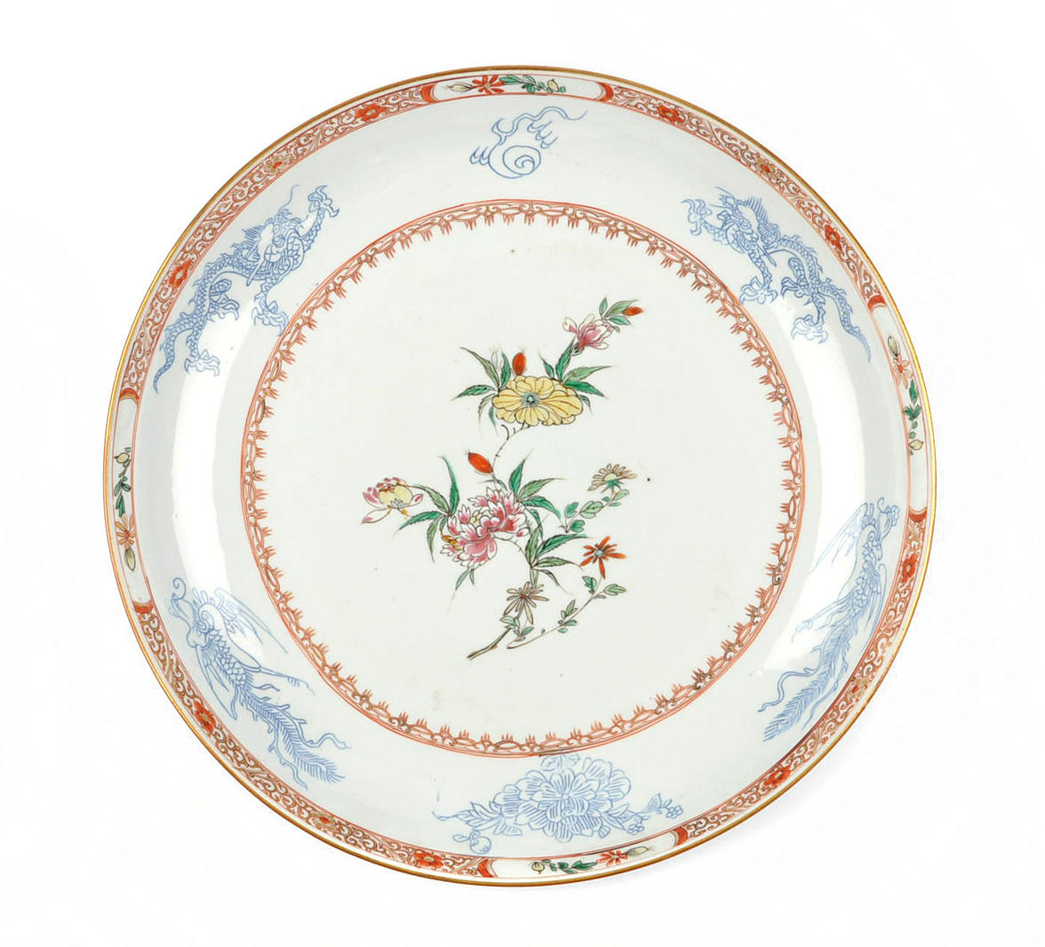 POLYCHROMER TELLER, CHINA. Drake, phoenix och lotus på väggen, plus blommig målning.