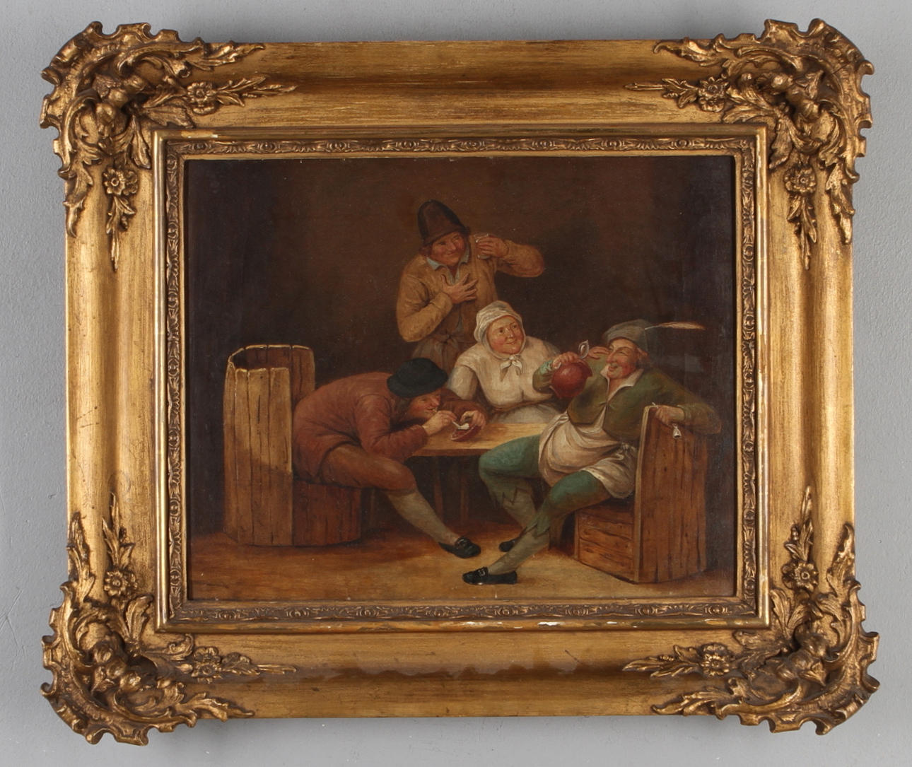 OIDENTIFIERAD KONSTNÄR. Värdshusscen, kopia efter David Teniers, olja på duk, omkring 1900.