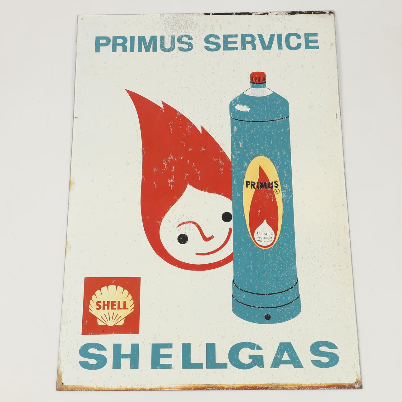 SKYLT, "Shell Primus Service Shellgas", målad plåt.