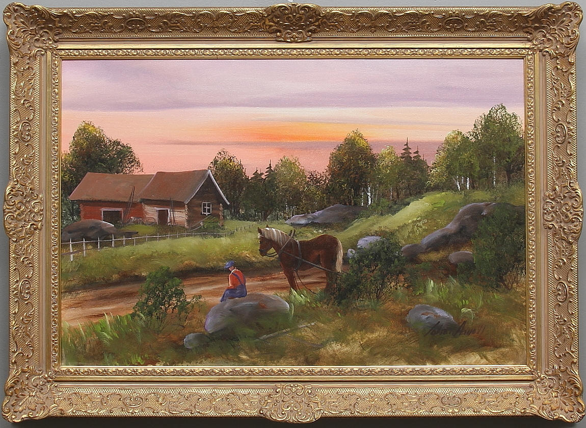 JOHAN ARVALL. Landskap med med man och häst. Olja på duk. Signerad.