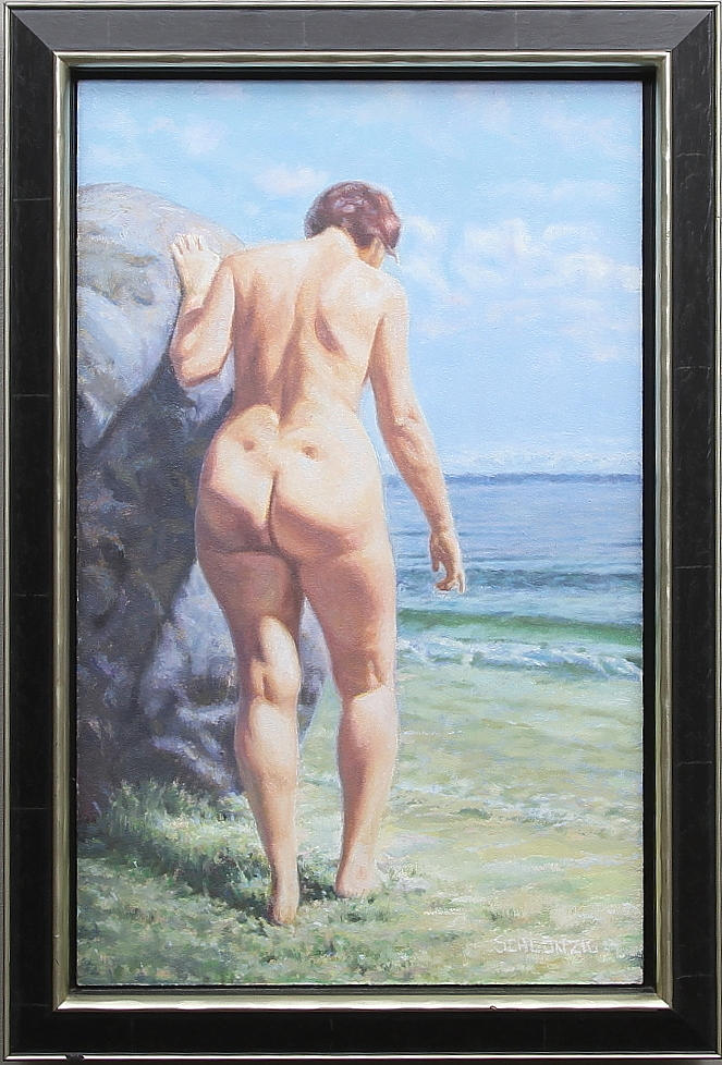 CLAES-ÅKE SCHLÖNZIG. Kvinnofigur vid vatten. Olja på pannå. Signerad.