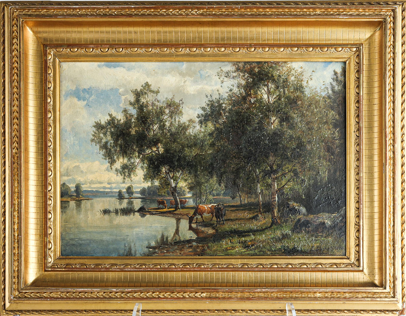 EDVARD BERGH (1828-1880). Landscape motif cows at watermark, oil on ...