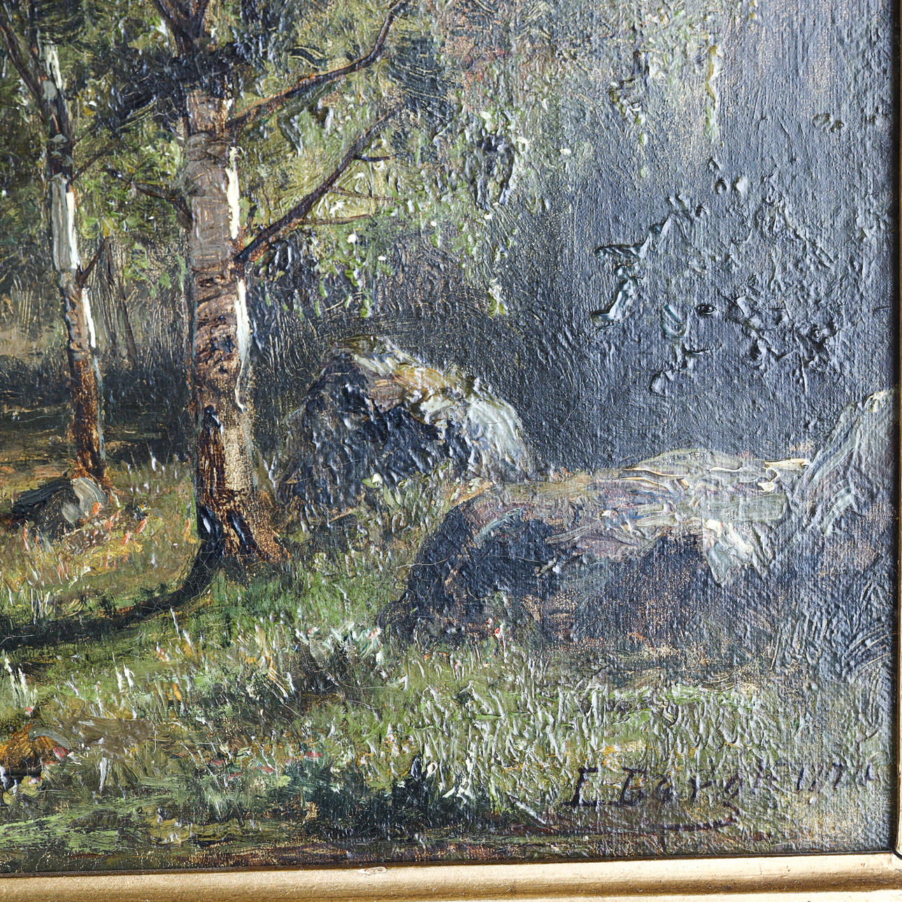 EDVARD BERGH (1828-1880). Landscape motif cows at watermark, oil on ...