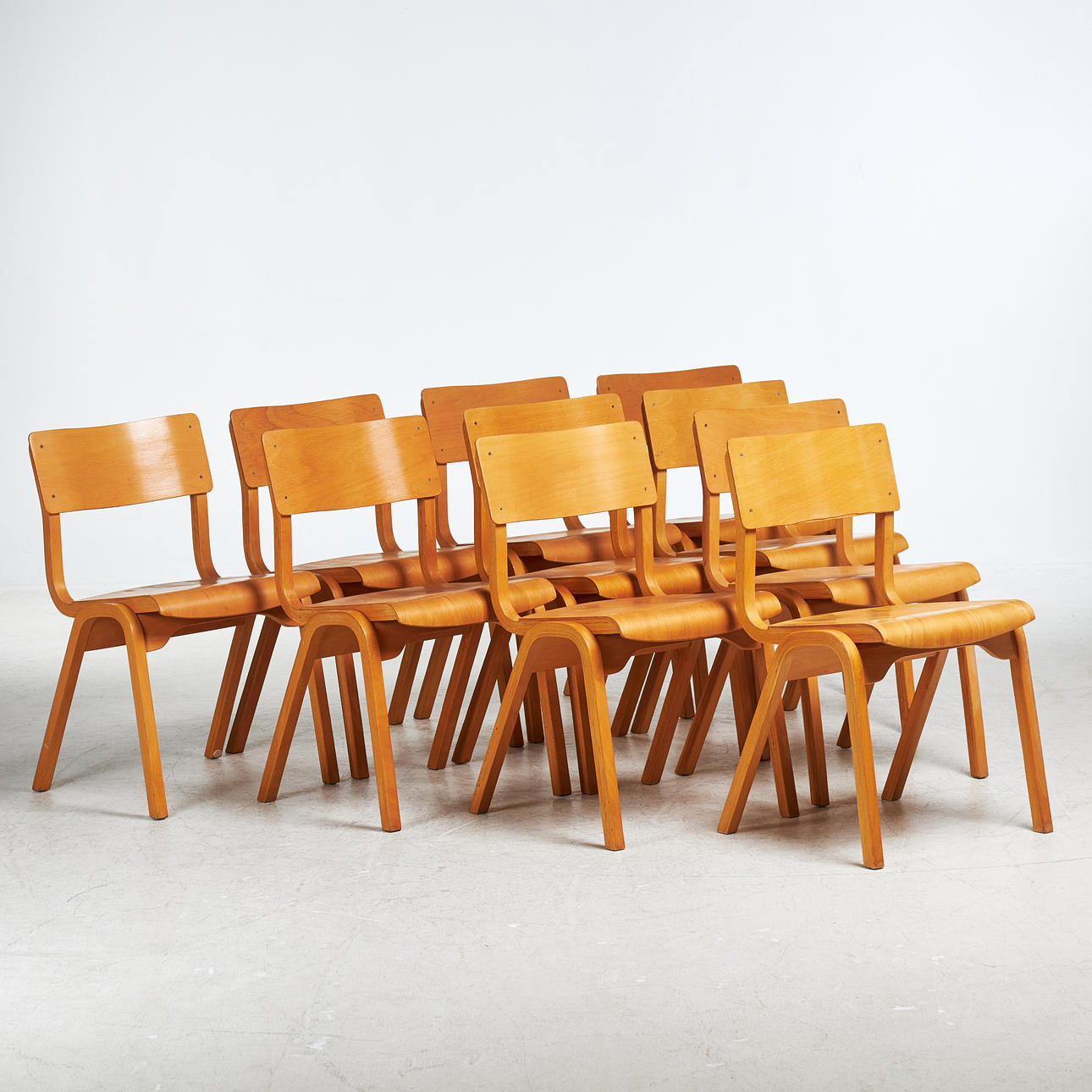 CHAIRS. 10 stackable, laminated birch, 1960/70's.
