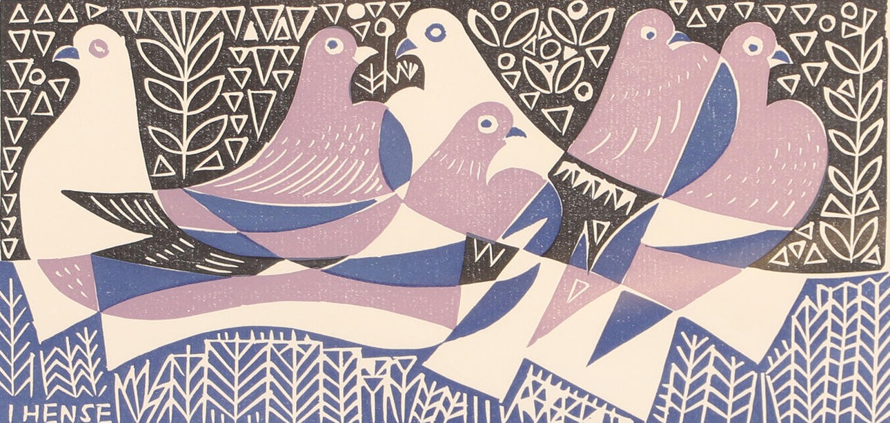 INGA HENSE. Tauben, Farblithografie, signiert 59.