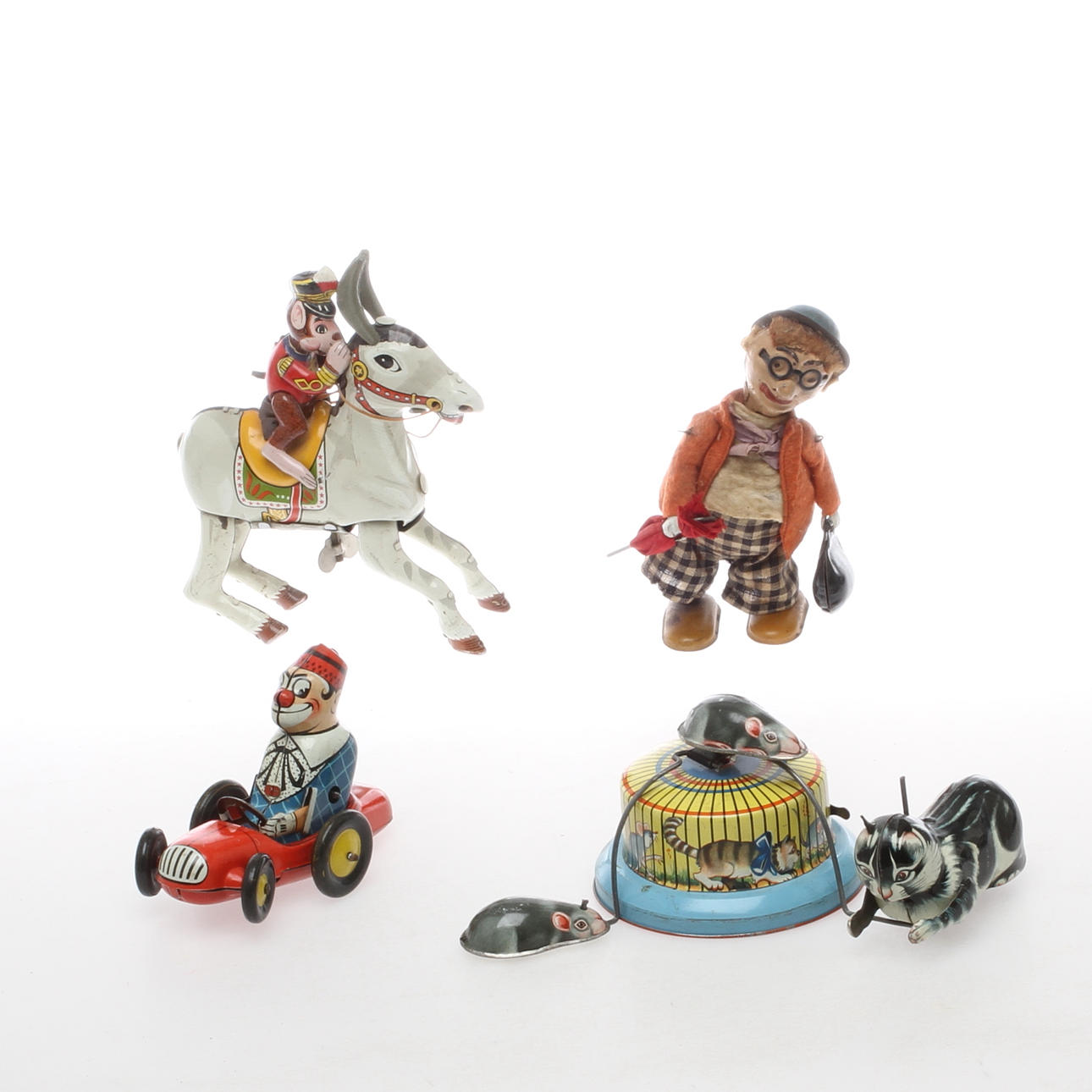 PLÅTLEKSAKER 4 stycken, HAJI Japan, Biller-Bahn U.S.-zone samt West Germany.