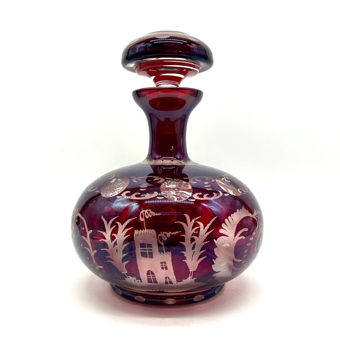 RUBY RED DECANTER: FINELY POLISHED WITH MATCHING STOPPER.