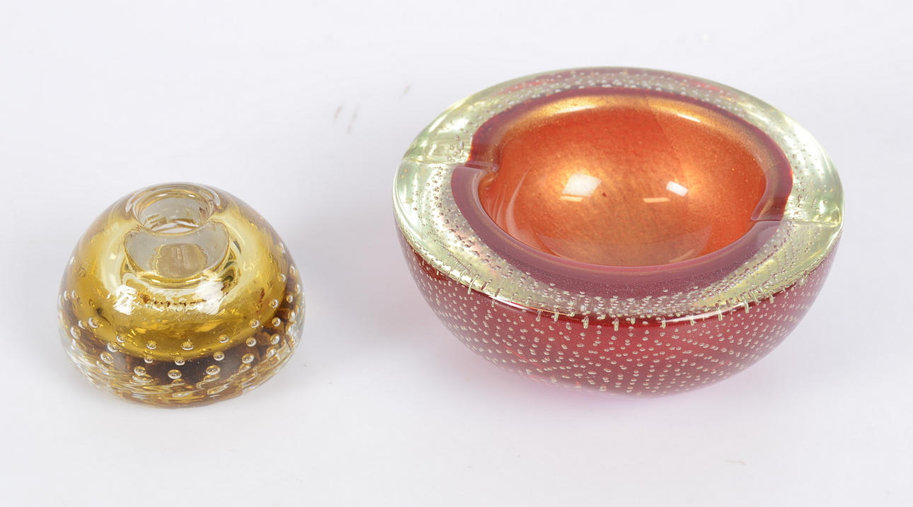 SKÅL SAMT LJUSSTAKE, glas, 1900-talets andra hälft.