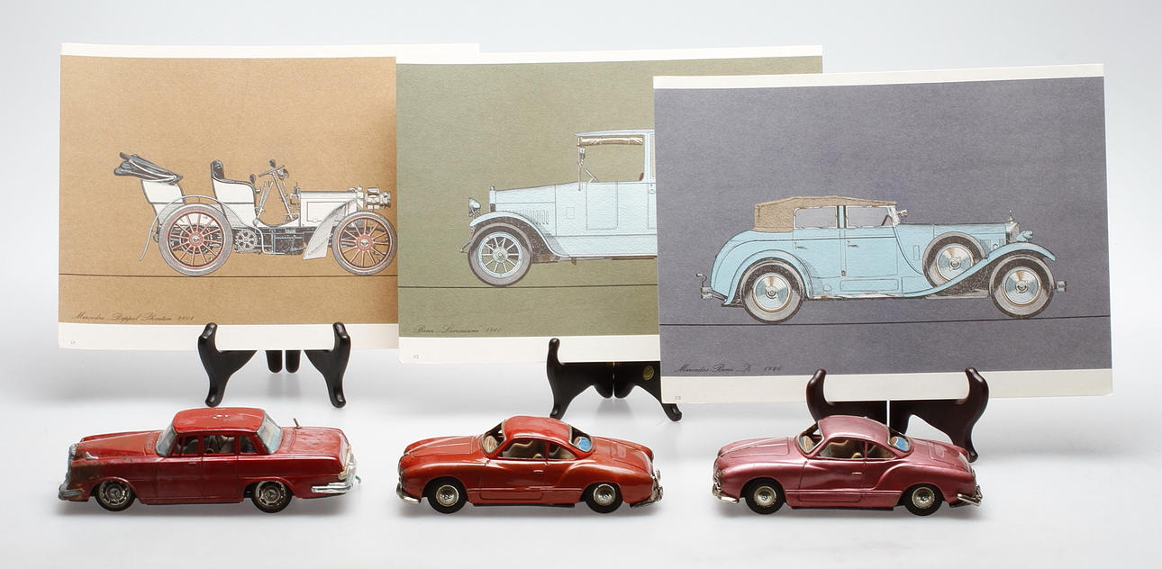 LEKSAKSBILAR, 3 st samt LITOGRAFISKA TRYCK, 3 st.